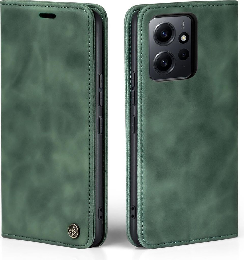 A green flip case for a smartphone is shown from the front and back.