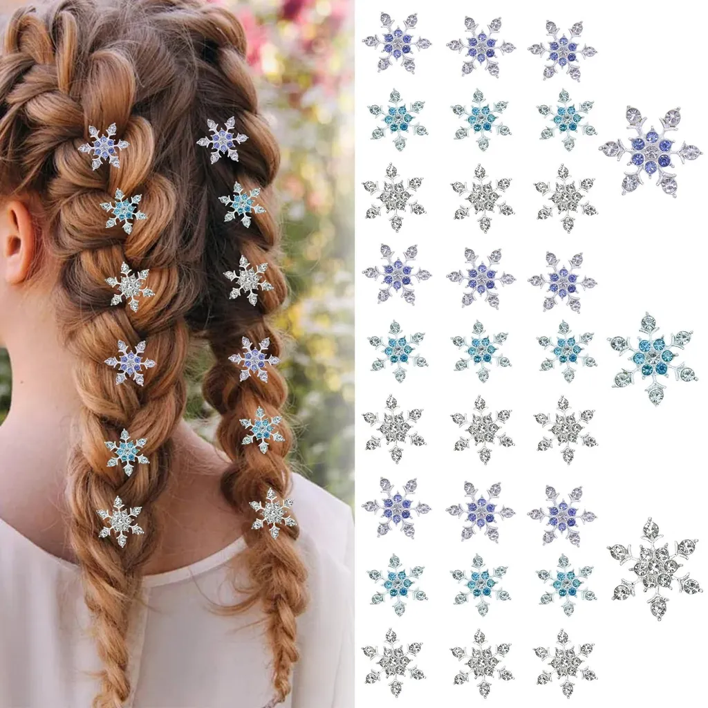 30 Mini-barrettes flocons de neige strass argentés pour cheveux femme