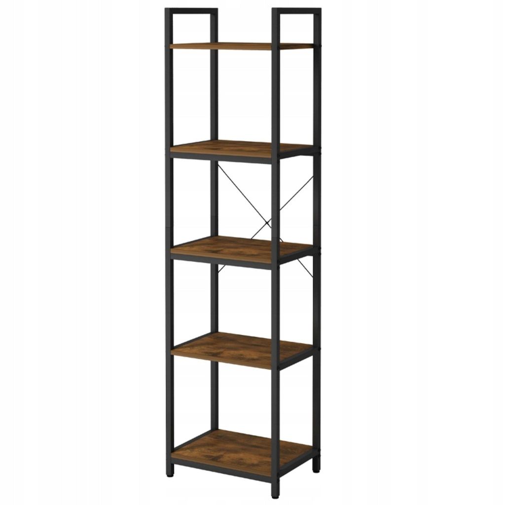 A tall, narrow bookshelf with a metal frame and wooden shelves.