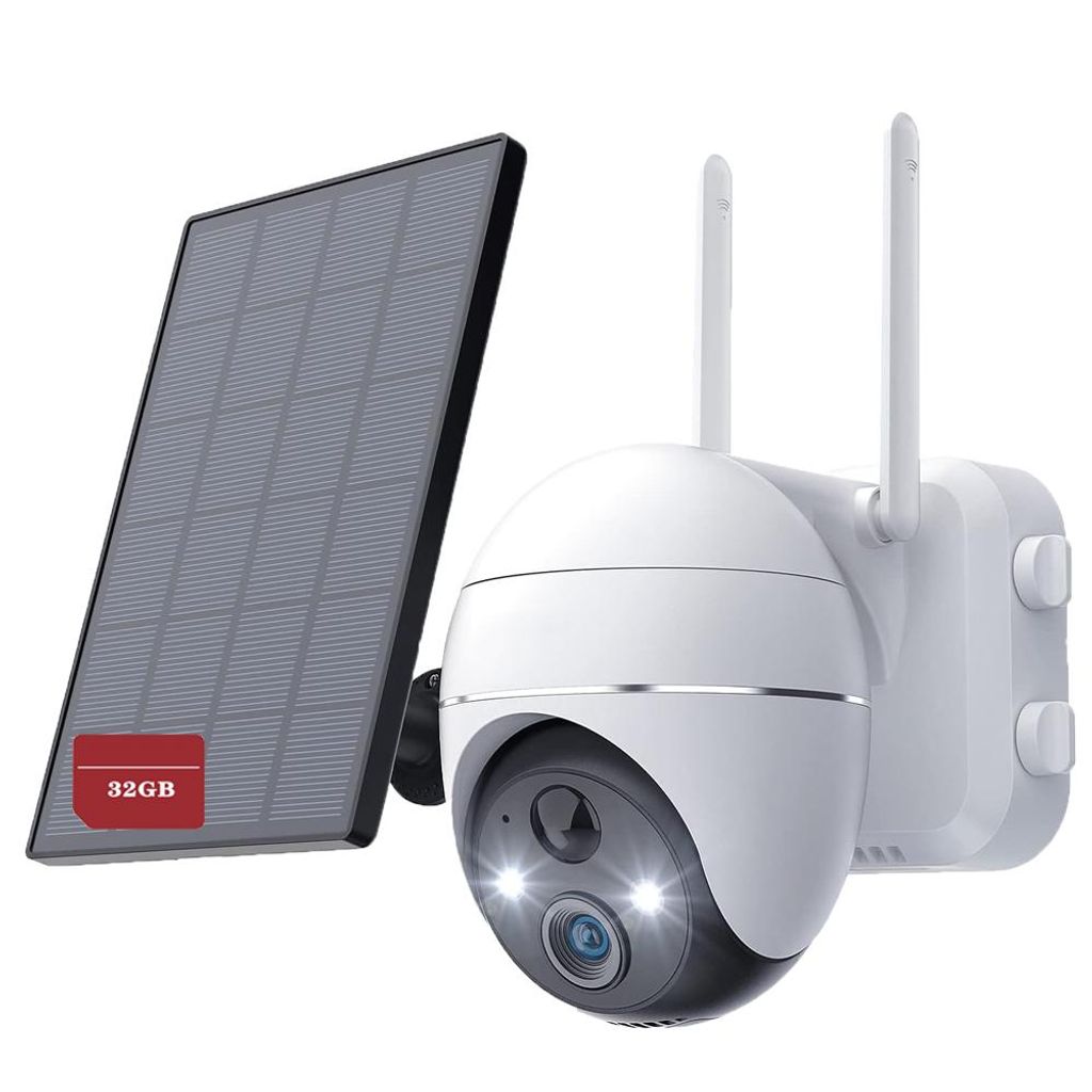 3MP 2K Überwachungskamera Aussen Akku Solar mit 32G TF Karte mit 355°/140° Pan Tilt 20m Farbnachtsicht PIR Bewegungsmelder Sirene/Weißlichtalarm