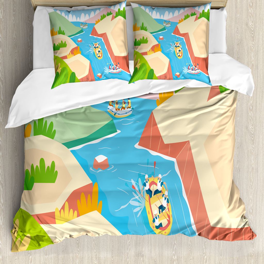 ABAKUHAUS Reise Bettbezug Set für Einzelbetten, Rafting auf dem Fluss Cartoon, Milbensicher Allergiker geeignet mit Kissenbezug, 200 cm x 200 cm -...