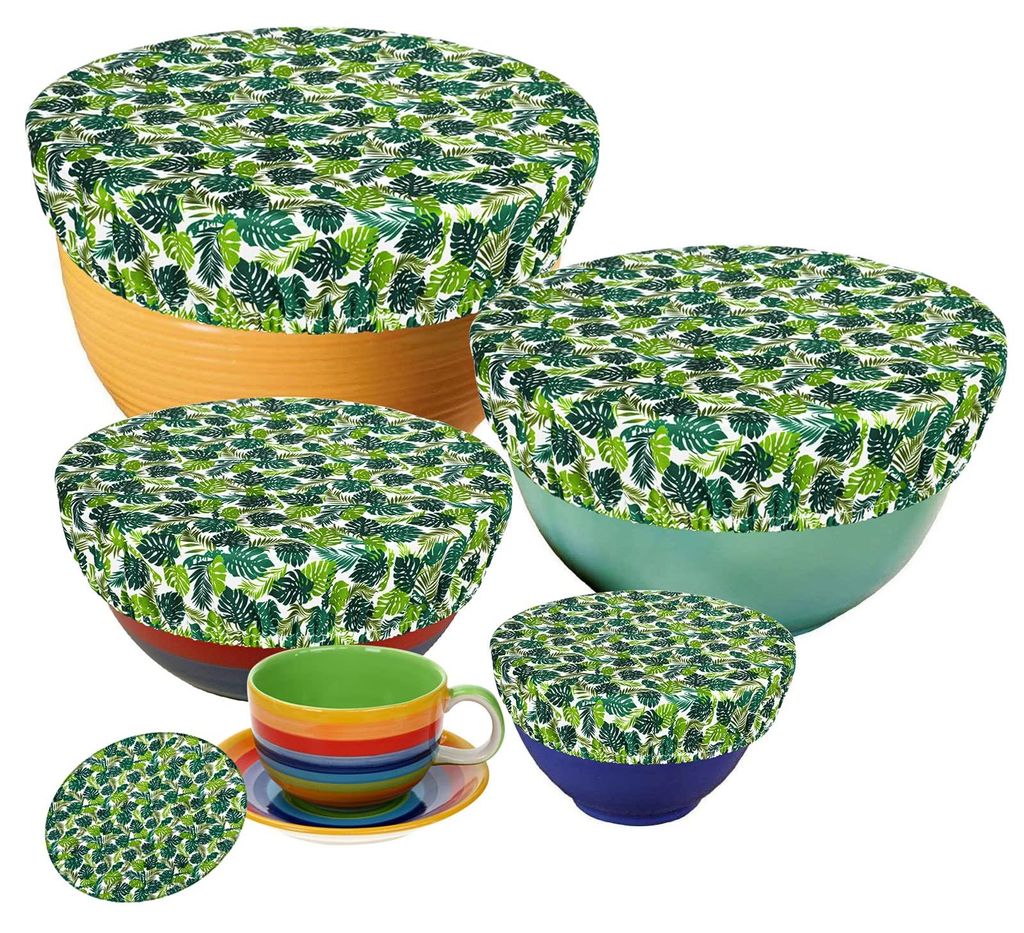 5 wiederverwendbare Lebensmittelhüllen aus Stoff mit Gummiband, dehnbaren Deckeln, wasserdicht, dehnbare Stoffhüllen für Salatschüsseln aus Gla...