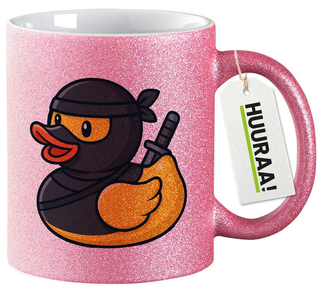 Huuraa Glitzertasse Quietscheente Ninja Gummiente Krieger 330ml Pink Keramik Kaffeebecher Geschenkidee