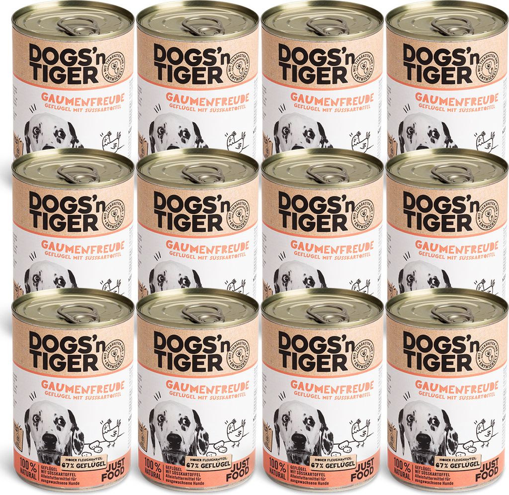 Dogs’n Tiger Adult Premium Hundefutter, Nassfutter, Getreidefrei, Gaumenfreude, Geflügel & Süßkartoffel, 12x 400g