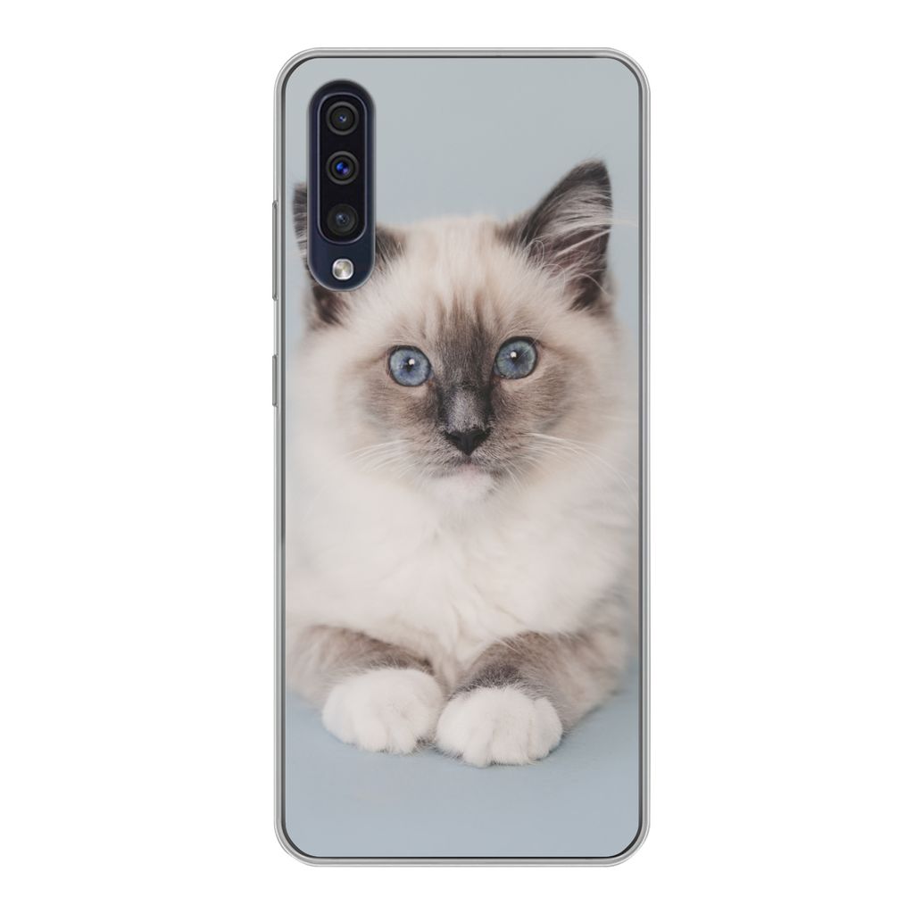 MuchoWow Handyhülle Schutzhülle Hülle für Samsung Galaxy A30s Katze - Ragdoll Katze - Blau - Mädchen - Kinder - Jungen - Kind Silikon Softca...