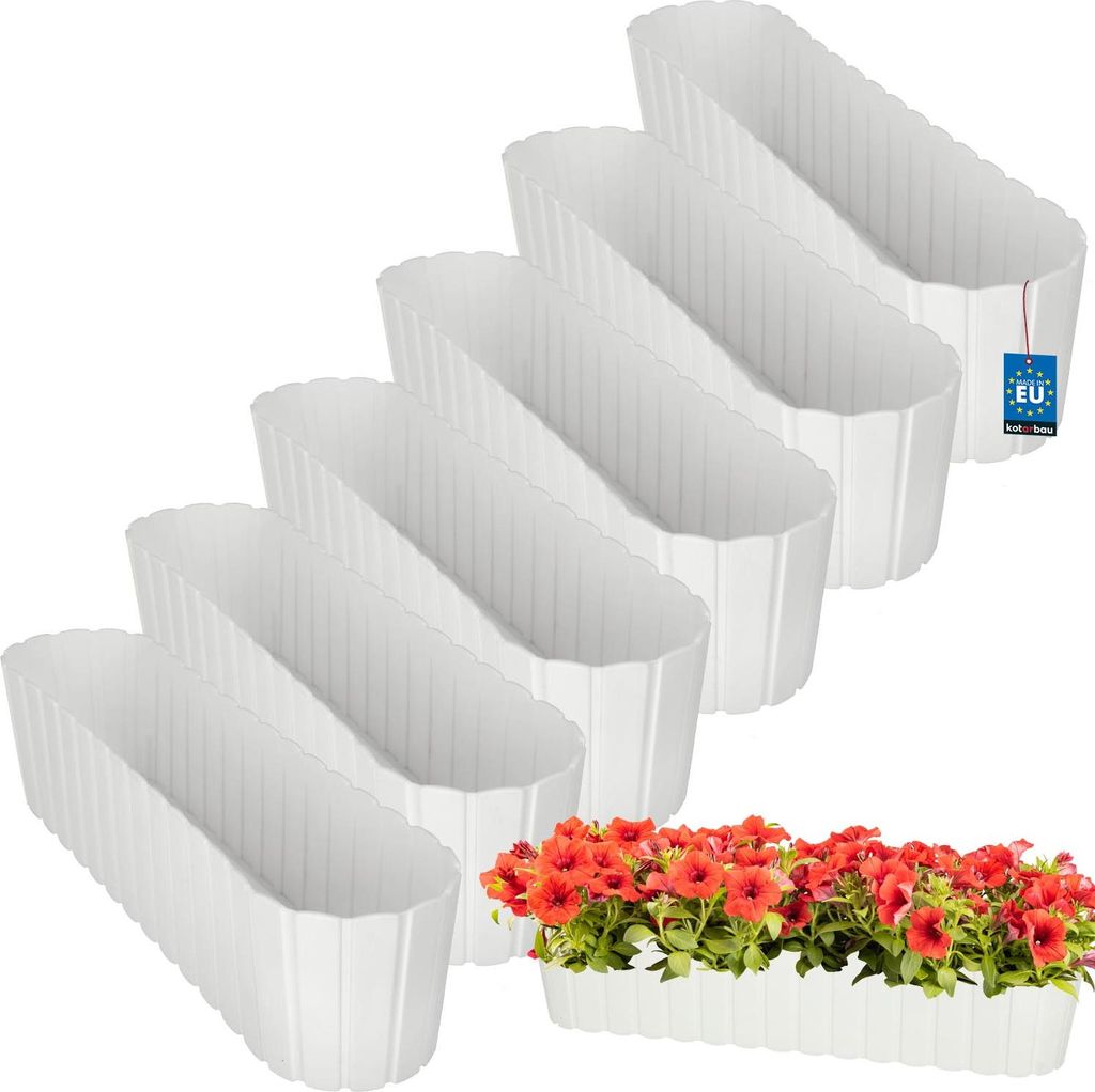 KOTARBAU 6er Set Blumenkasten Balkon Blumentopf 60x14x13cm Weiß Pflanzkübel Pflanzkasten Pflanzentopf Kunststoff Balkonkasten Rustikal Übertop...