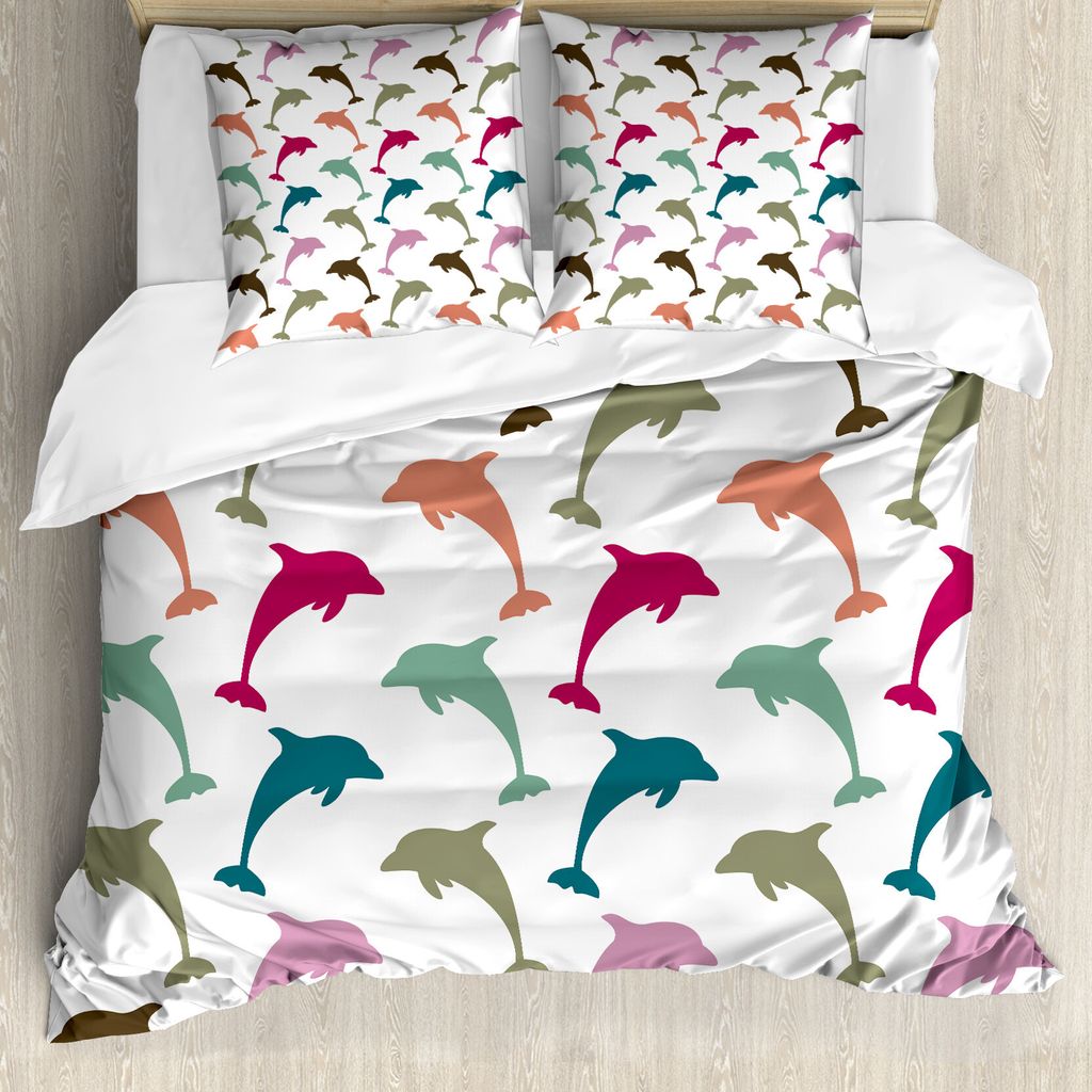 ABAKUHAUS Meerestiere Bettbezug, Bunte Delphin-Kunst, Milbensicher Allergiker geeignet mit Kissenbezügen, 155 cm x 220 cm - 80 x 80 cm, Mehrfarbig