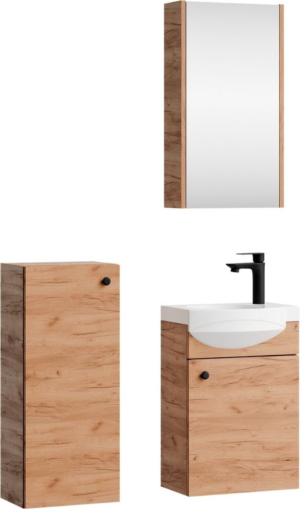 Planetmöbel Badmöbel-Set Waschtisch mit Unterschrank 40 cm & Spiegelschrank 40 cm & Midischrank Gold Eiche