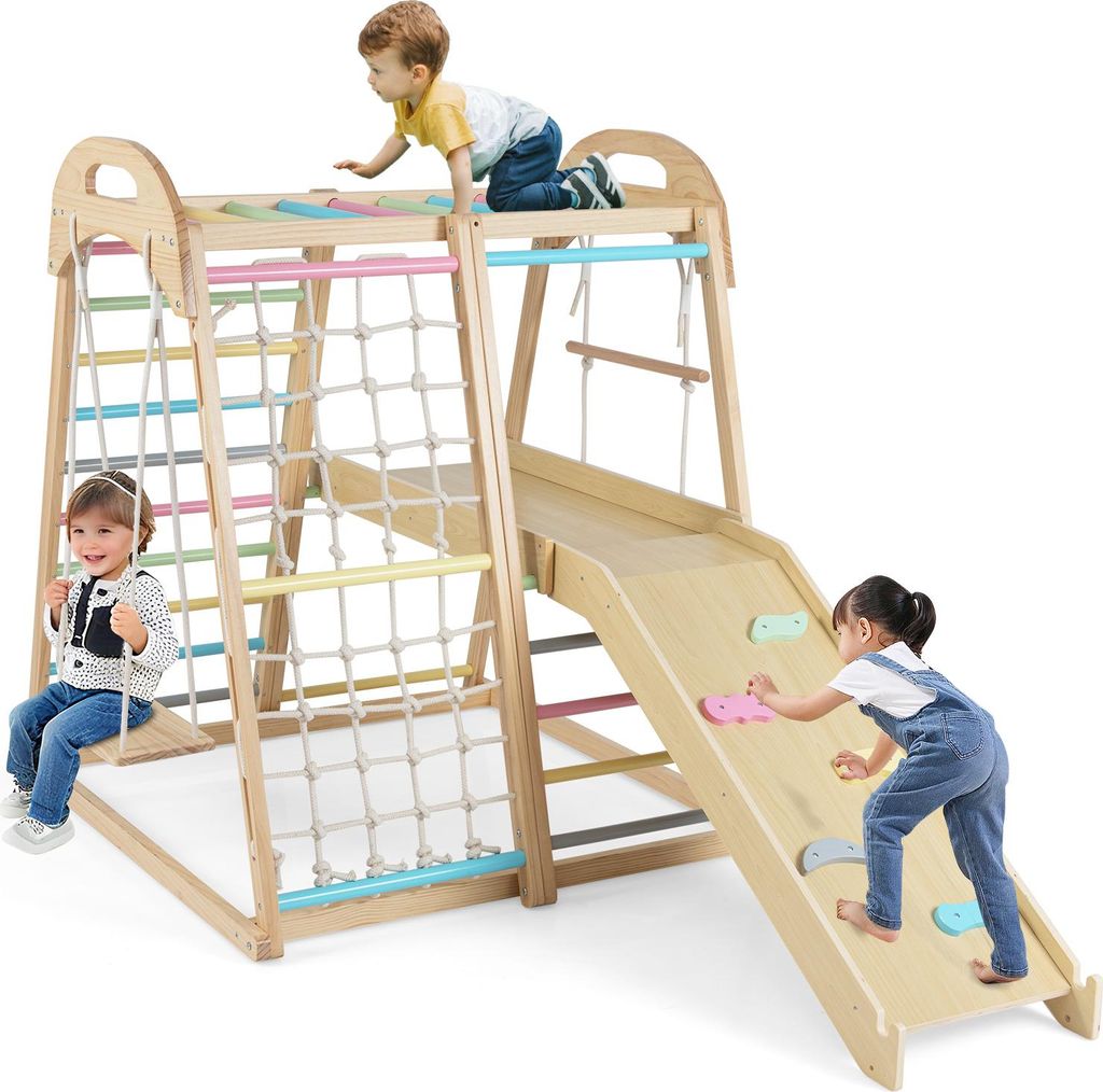 COSTWAY Klettergerüst Indoor, 8 in 1 Affenstange, Schaukel, Kletternetz, Kletterleiter, Kletterstrick, Kletterfelsen, Rutsche&Plattform, für Kind...