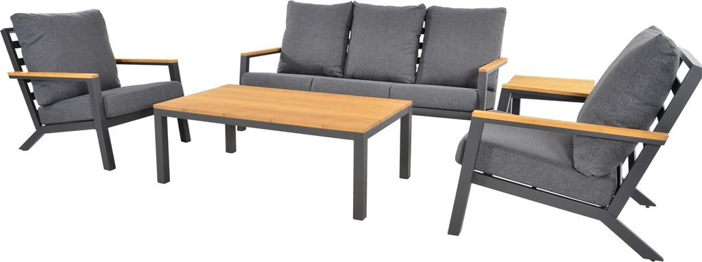 Gartenlounge-Set >Donnan< 3-Sitzer, 2 Sessel, Tisch, Beistelltisch, Aluminium anthrazit, Bambus