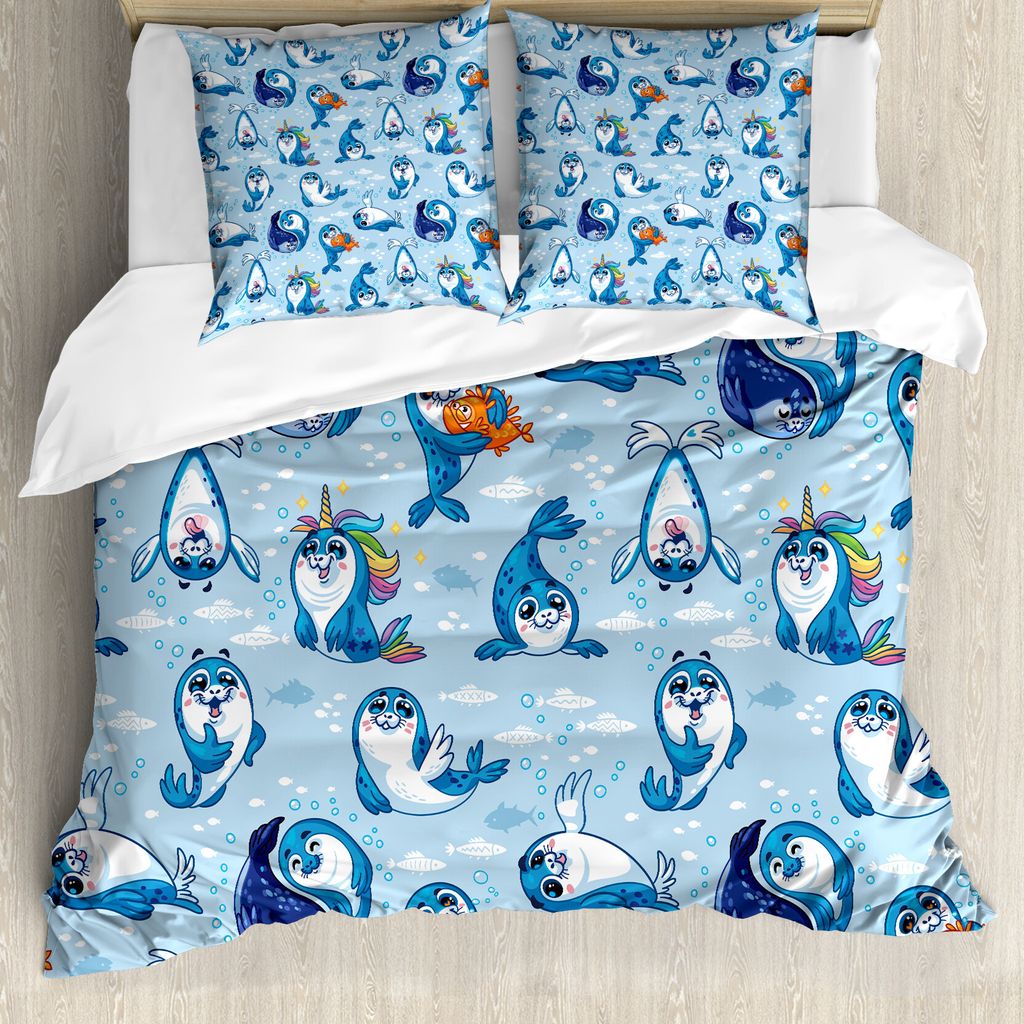 ABAKUHAUS Meerestiere Bettbezug, Cartoon-freundliches Siegel, Milbensicher Allergiker geeignet mit Kissenbezügen, 200 cm x 200 cm - 80 x 80 cm, Bl...