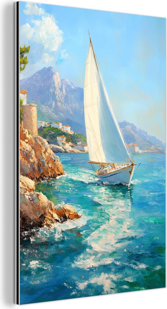 MuchoWow Wanddekoration Metall Metallbild Wandkunst 100x150 cm Segelboot - Felsen - Küste - Häuser MuchoWow Aluminium Gemälde - Bild