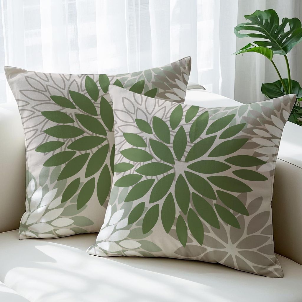Kissenbezug 40x40 cm Modernes Dahlien-Dekokissen, doppelseitig, grün-graues Blumenmuster, Sofakissen, Outdoor-Kissen, Leinen, dekorativ für Sofa,...