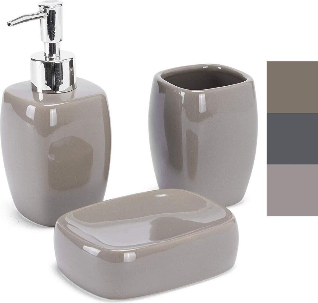 MSV Bad Accessoires Keramik 3-teilig - Seifenspender, Seifenschale, Zahnputzbecher Taupe