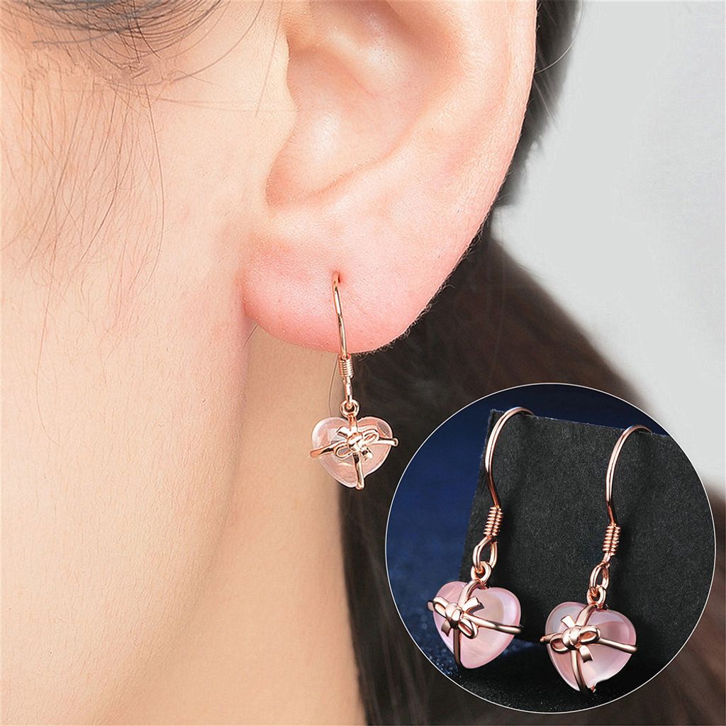 Mode Faux Edelstein Herz Schleife Baumeln Haken Ohrringe Frauen Hochzeit Schmuck