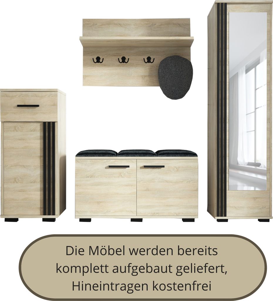 A set of hallway furniture including a wall shelf with hooks, a shoe cabinet with a bench, and a tall cabinet with a mirror, all in a light wood finish.