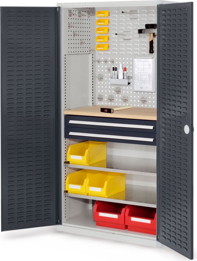 Werkzeugschrank, Türen mit Schlitzplatten, 1 Werkbankplatte, 2 Schubl. + 2 Fachb., BxTxH 1000x600x1950 mm, RAL 7016