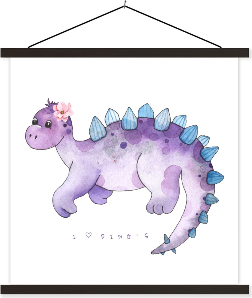 MuchoWow Textilposter Dinosaurier - Kinderzimmer - Lila - Mädchen - Kinder - Rosa 90x90 cm mit schwarzem Rahmen - Magnetisches