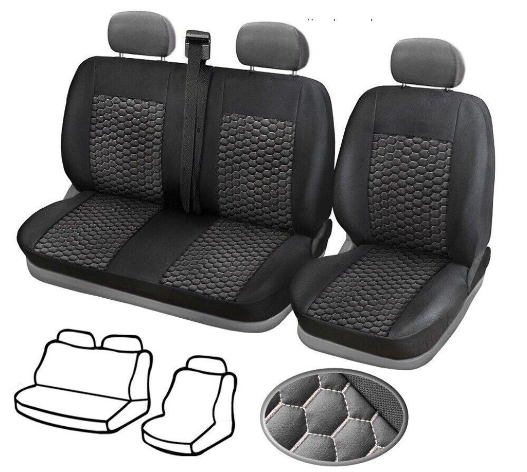 1+2 Sitzbezüge aus für VW Transporter T5 (03-15) Schwarz/Weiß Stiche