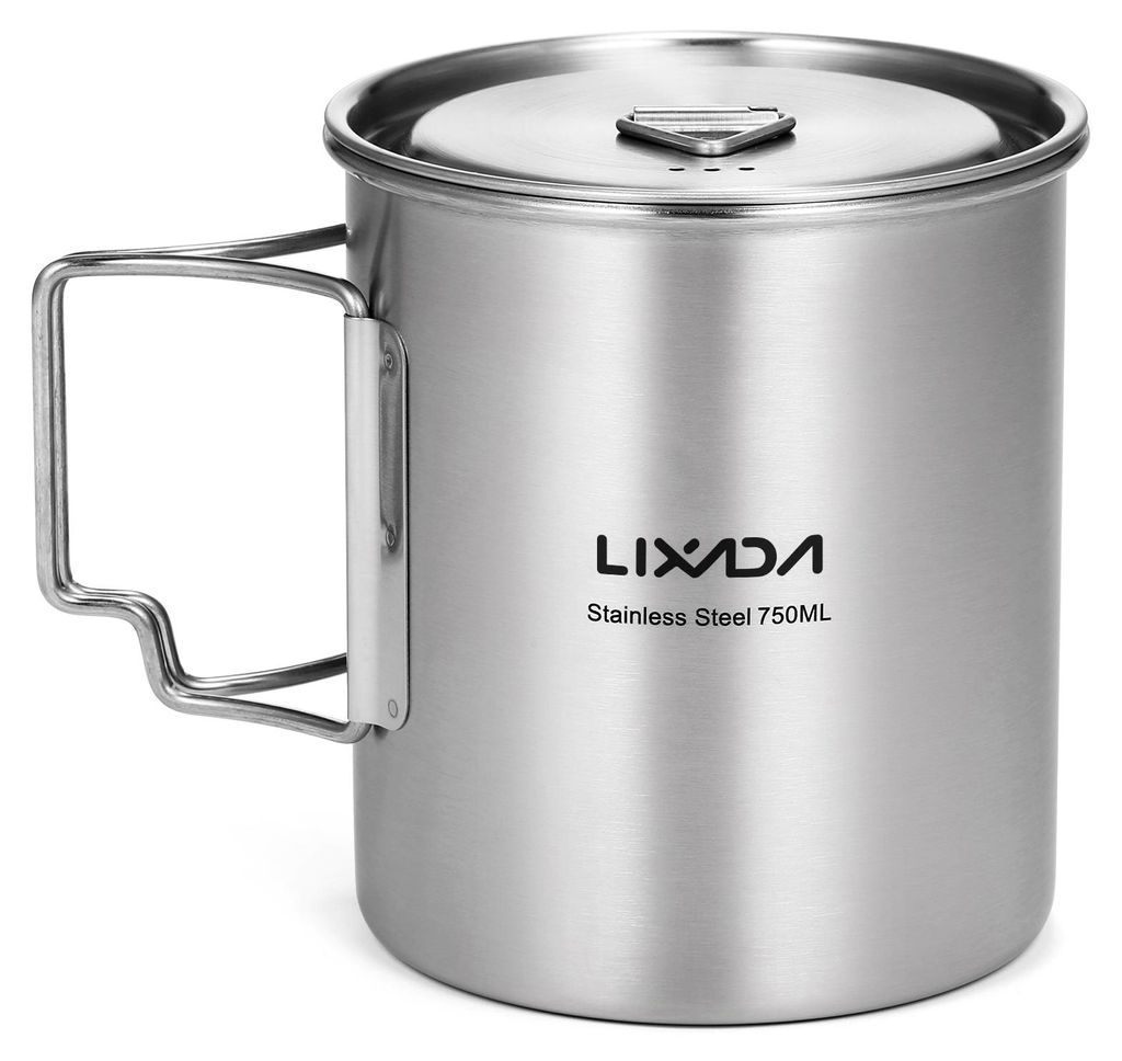 Lixada 750ml Tasse Outdoor Edelstahl Wassertasse Becher mit klappbaren Griffen und Deckel für Camping Wandern Backpacking