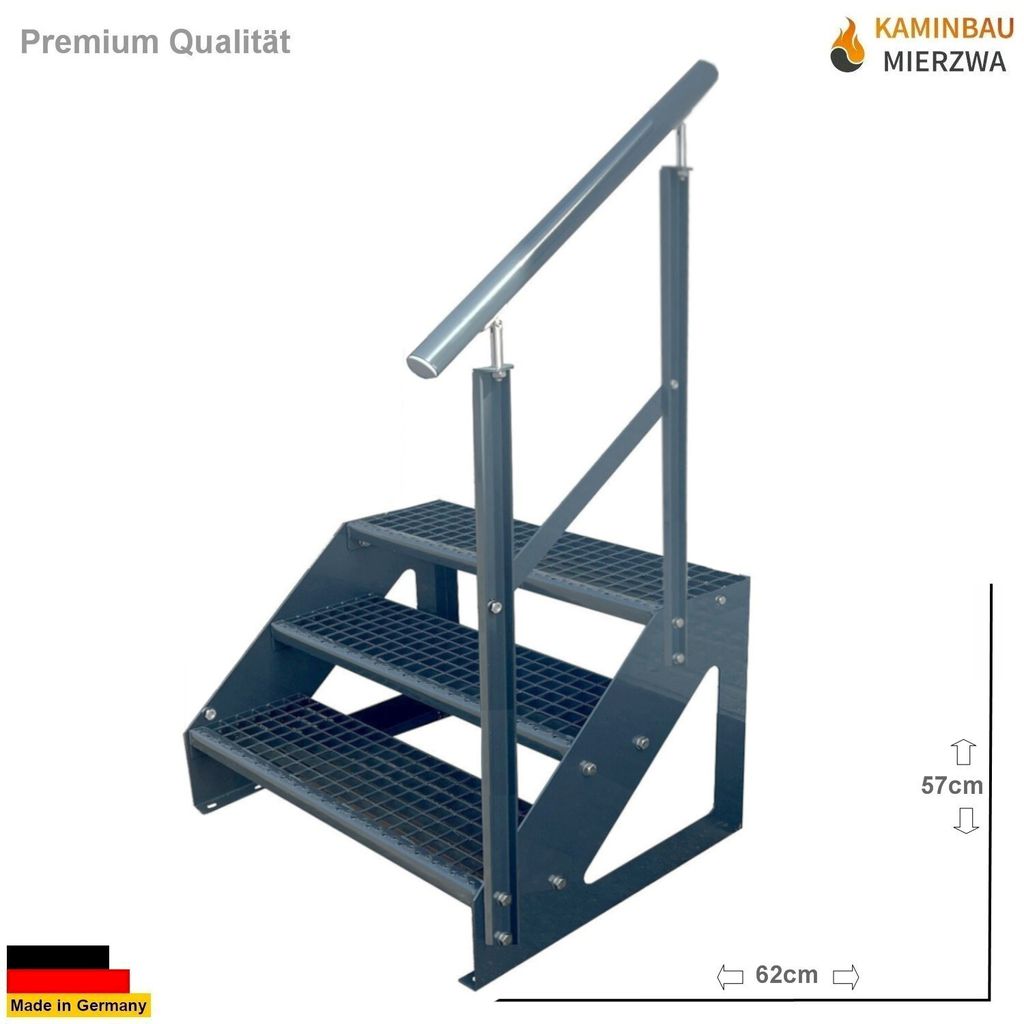 Gitterrost Stahl Freistehende Treppe 3 Stufen Verzinkt & Anthrazit Pulverlackiert + Geländer Rechts - (L x B x H) 63cm x 100cm x 57cm