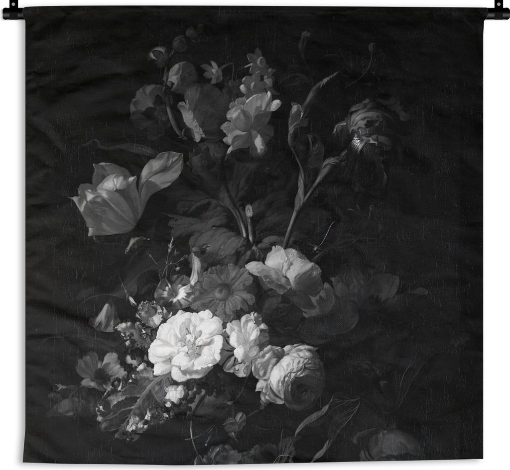 MuchoWow Wandteppich Wandbehang Vase mit Blumen - Gemälde von Rachel Ruysch - schwarz und weiß 150x150 cm Tapisserie Dekoration Wandtuch - Wohn...