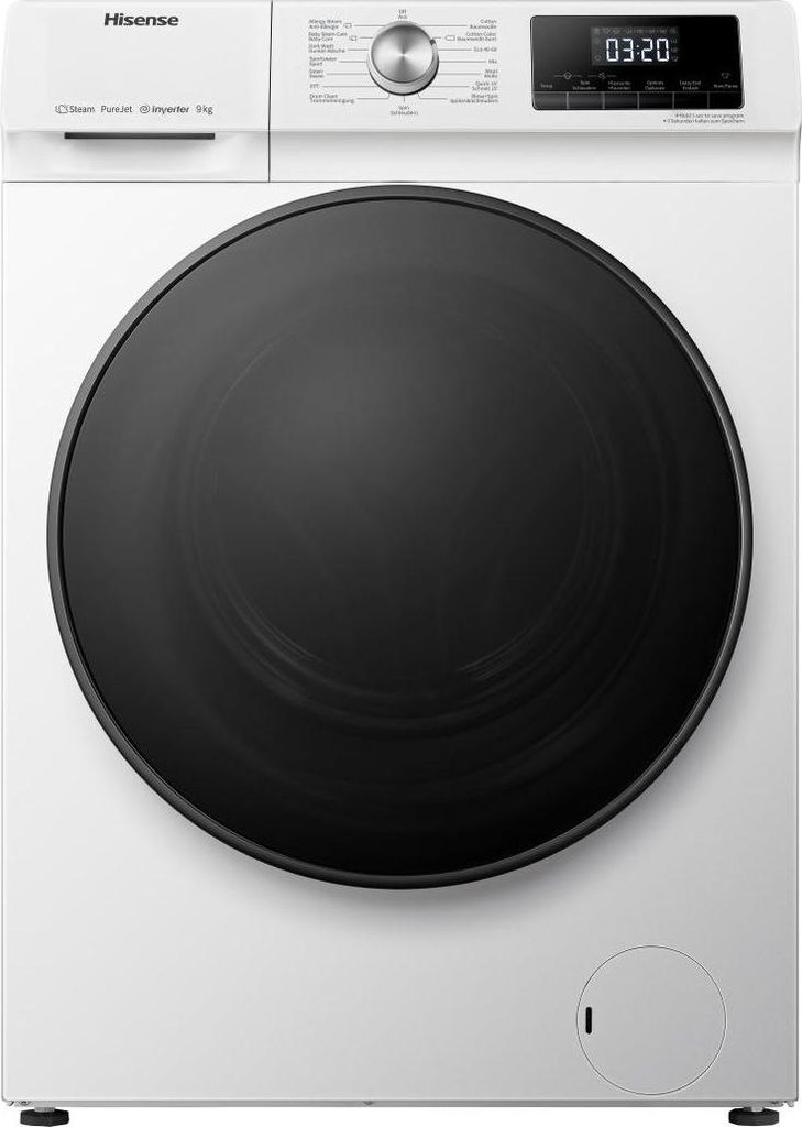 A front view of a white Hisense washing machine with a large black door.
