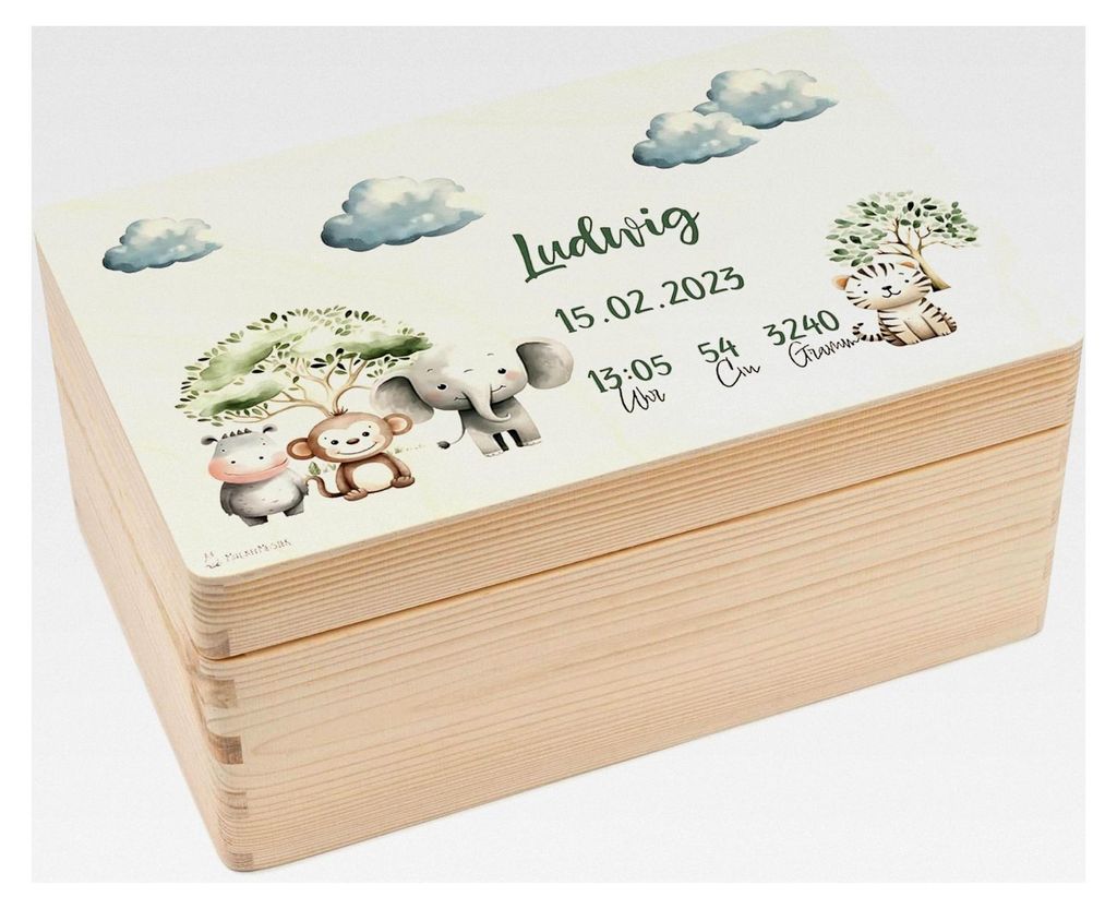 Personalisierte Erinnerungsbox für Babys - 30x20x14cm - UV-Druck - Individuelle Aufbewahrungsbox aus Holz - Geschenk zur Geburt - Safari Tiere