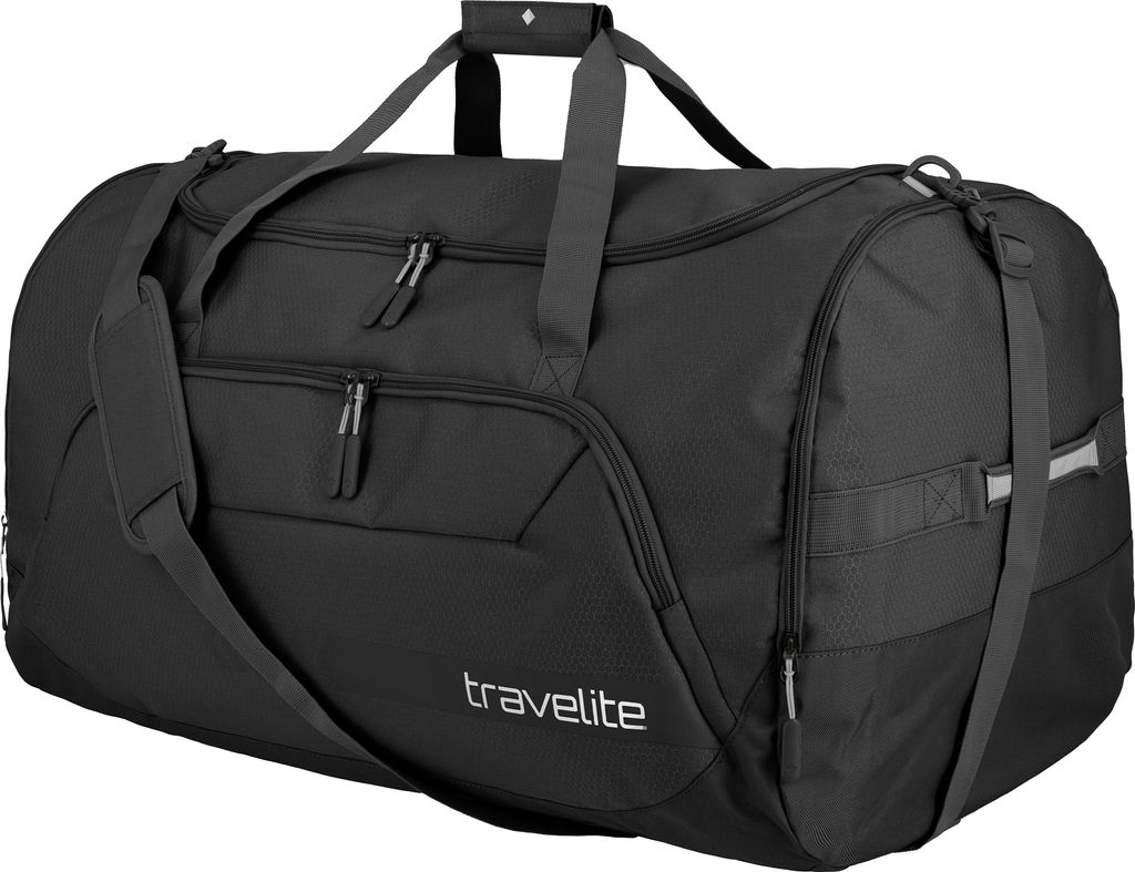 A black duffel bag with the brand name 'travelite' printed on it.