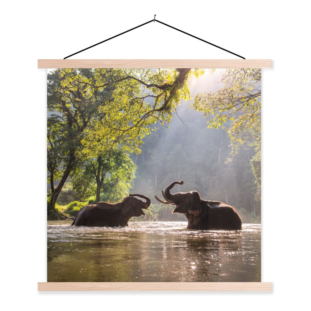 MuchoWow Textilposter Elefant - Wasser - Tiere - Bäume - Sonne 120x120 cm mit holzfarbenen Rahmen - Textil-Poster