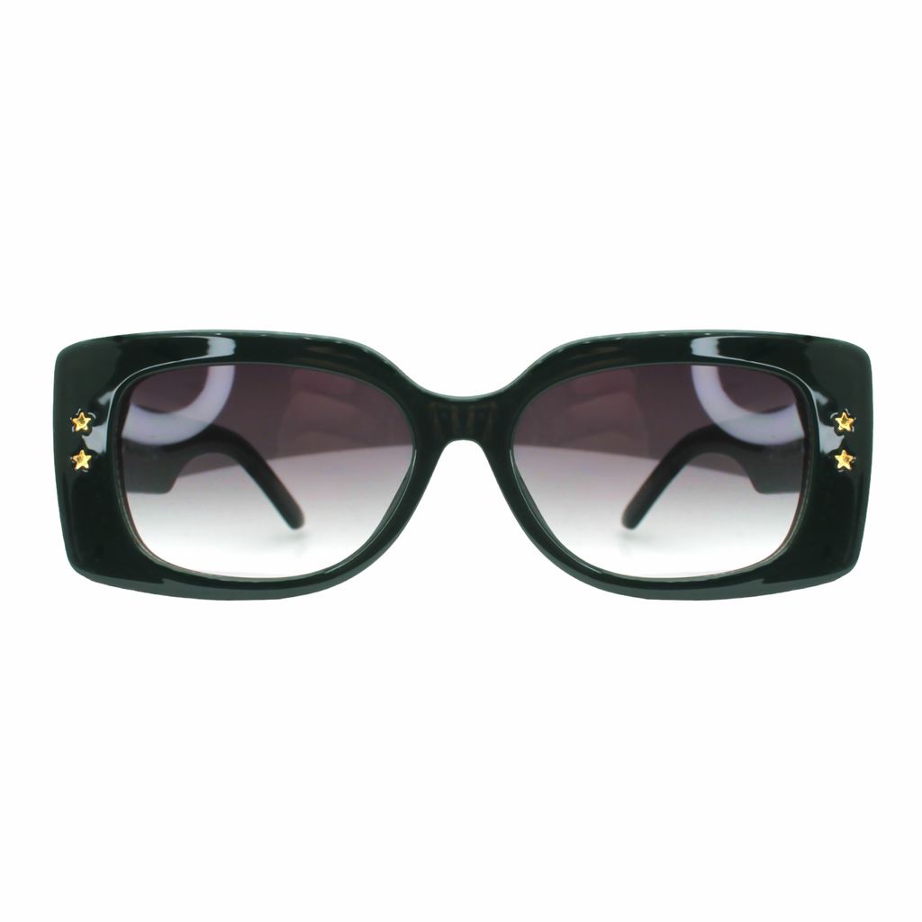 Luxus Damen Sonnenbrille Rechteckig Dunkel Grün Glanz mit Gold Sterne verziert UV400 cat.3 Festivalbrille Luxxada Brillenbeutel