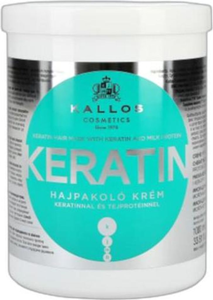 A white tub of Kallos Keratin hair mask with a teal label.