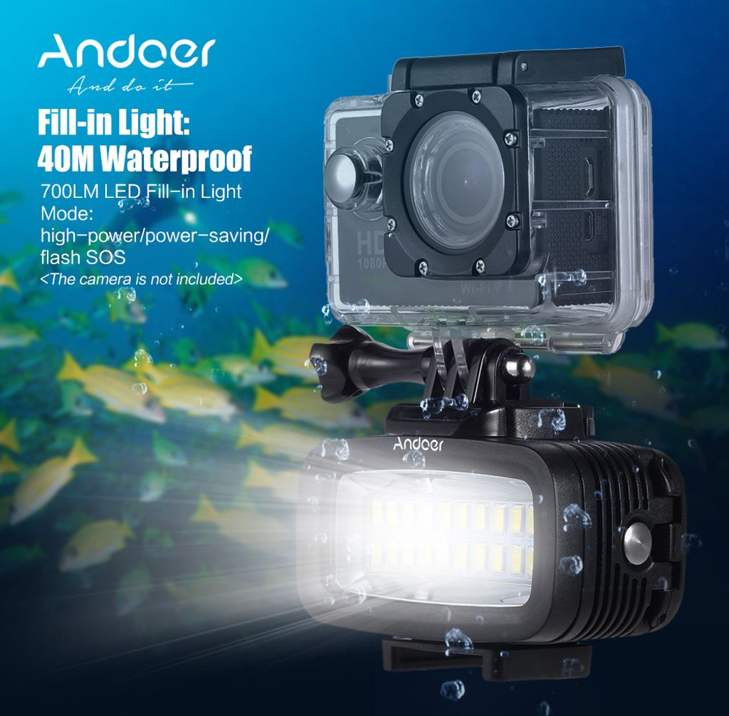 Andoer High Power 700LM Tauchen Video Fill-in-Licht-LED-Beleuchtung-Lampe Wasserdicht 40M 1200mAh eingebaute wiederaufladbare Batterie mit Diffusor...