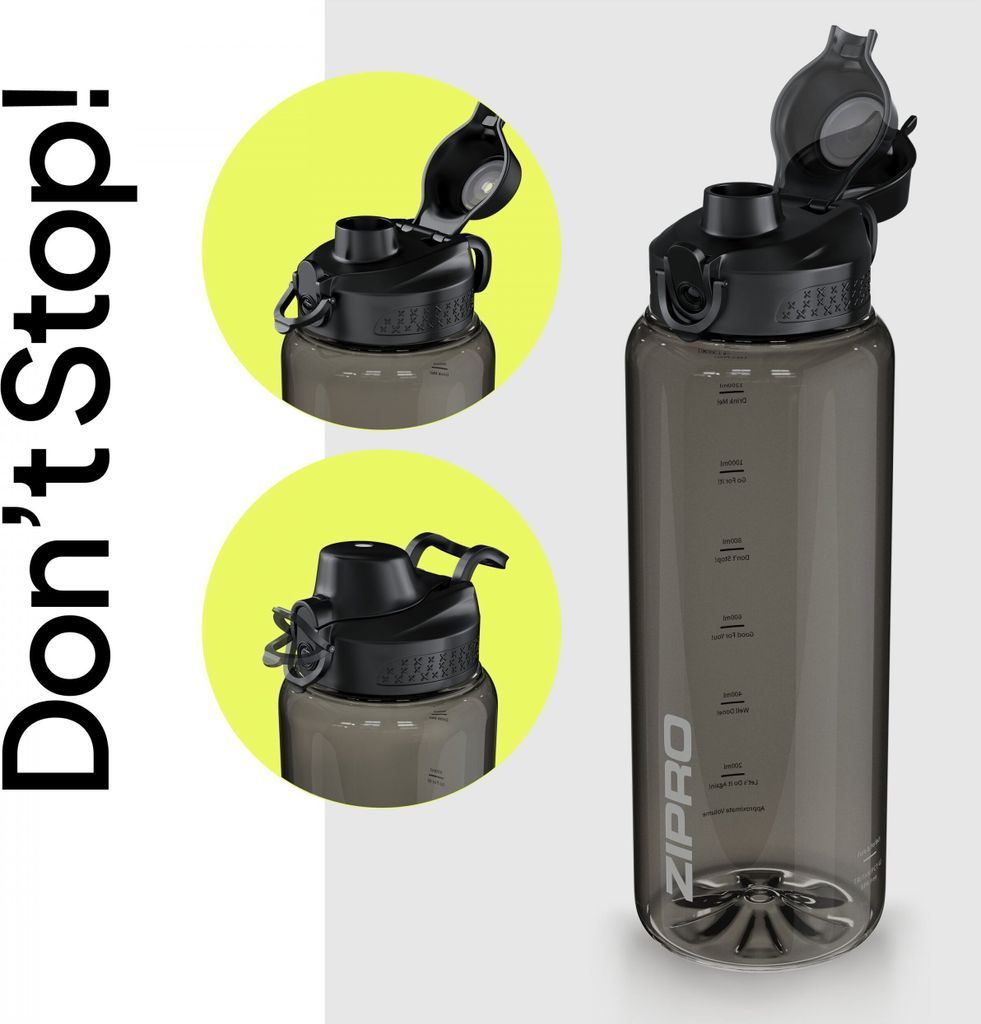 Zipro Tritan 1500 ml Trinkflasche Sportflasche Wasserflasche Getränkeflasche Trinkflasche mit Fruchtaufsatz, Zeitmarkierung