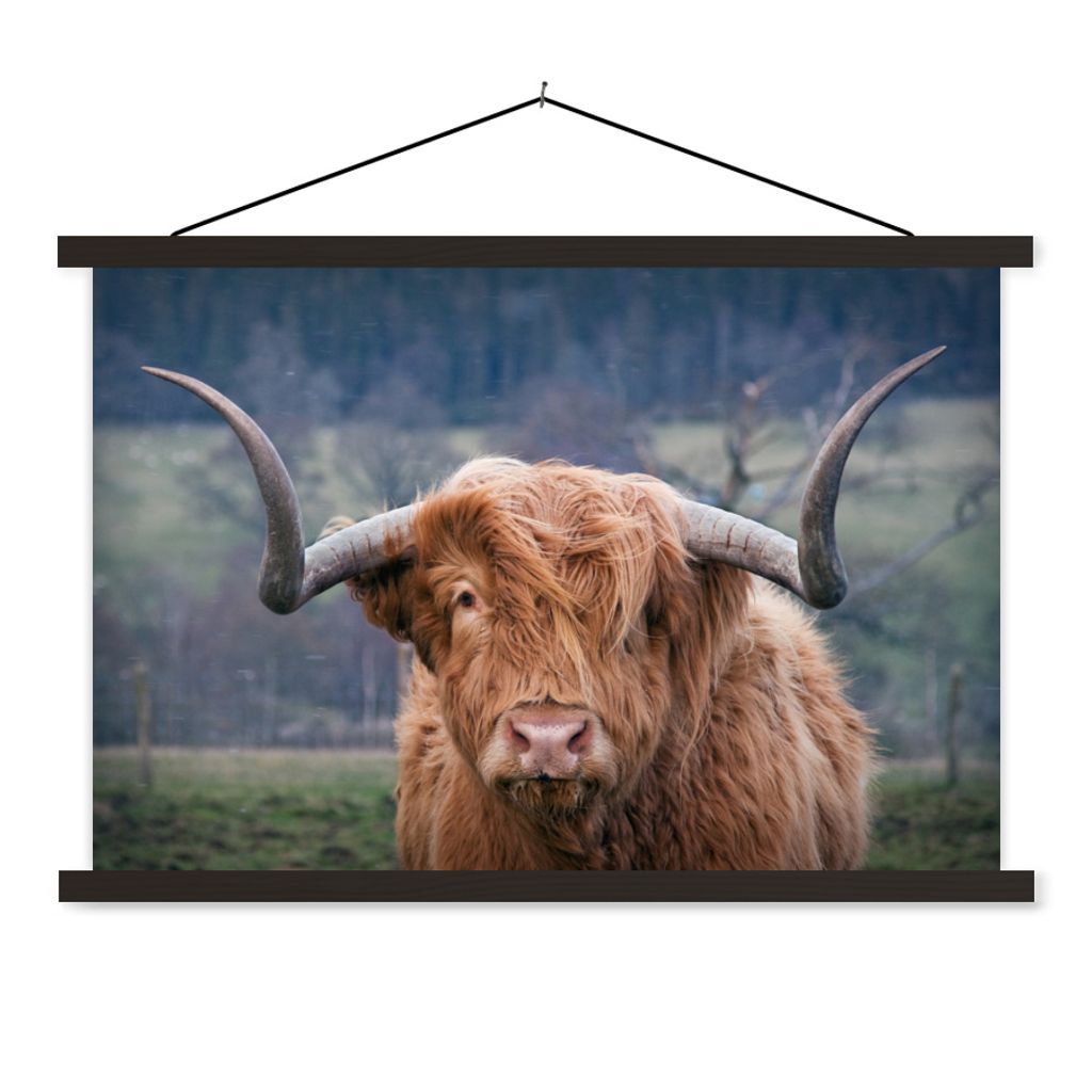 MuchoWow Textilposter Schottischer Highlander - Kuhkopf - Landschaft - Natur - Kuh 90x60 cm mit schwarzem Rahmen - Aufhängungssatz