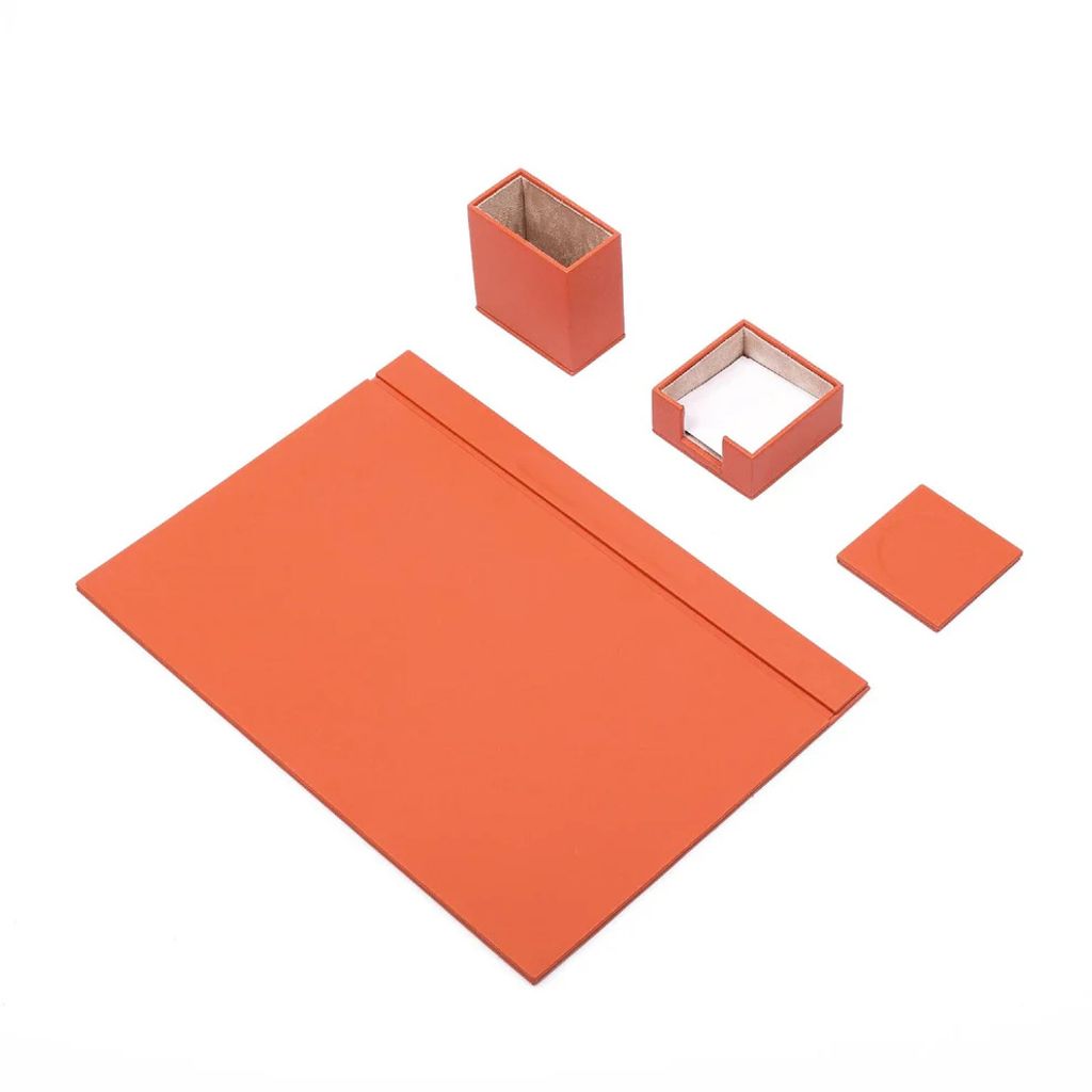 Leder Schreibtisch-Set – 4 Zubehörteile –Orange- 4-teiliges Set