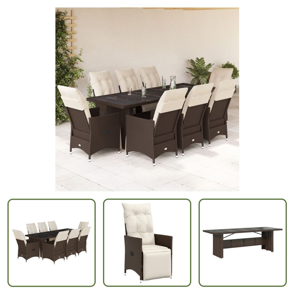 The Living Store 9-tlg. Garten-Bistro-Set mit Kissen Braun Poly Rattan