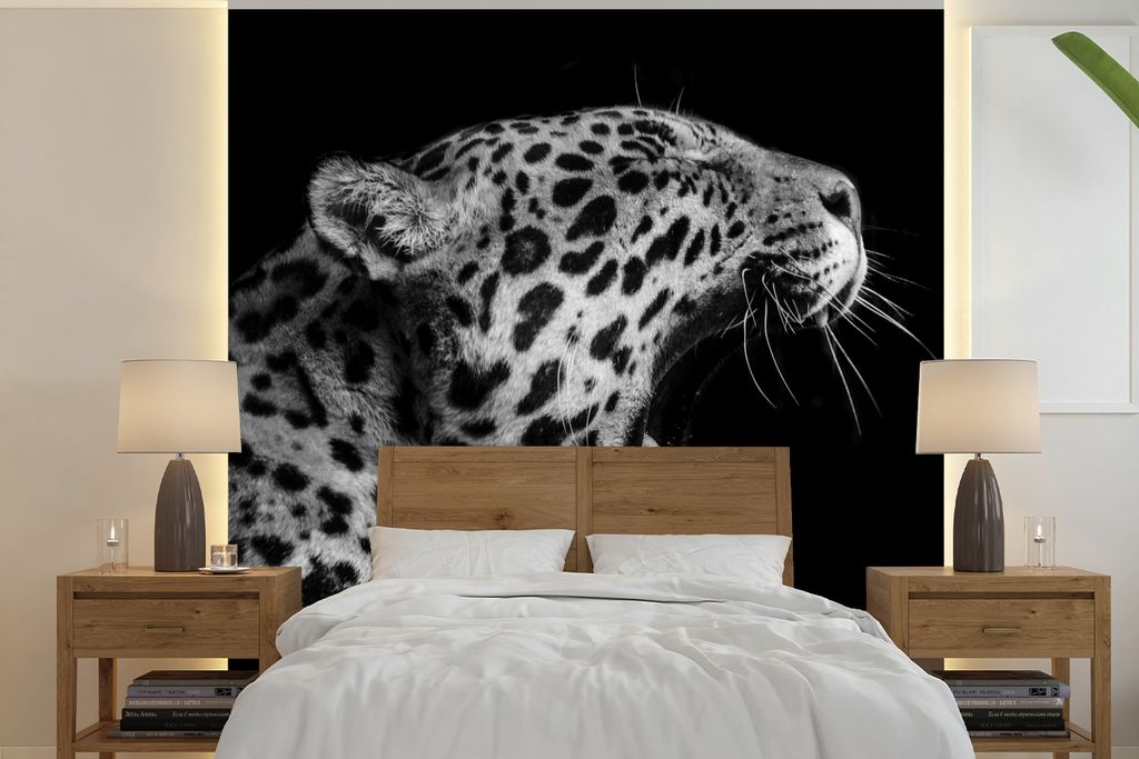 MuchoWow Fototapete für Wohnzimmer oder Schlafzimmer Wandtapete Vinyl Motivtapete Jaguar - Tier - Schwarz - Weiß - 220x220 cm - Tapeten
