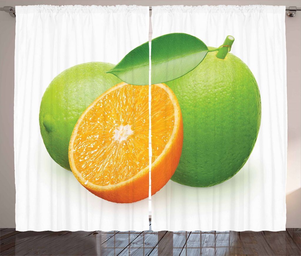 ABAKUHAUS grün orange Rustikaler Vorhang, Lime Orange Entwurf, Wohnzimmer Universalband Gardinen mit Schlaufen und Haken, 280 x 245 cm, Orange Apf...