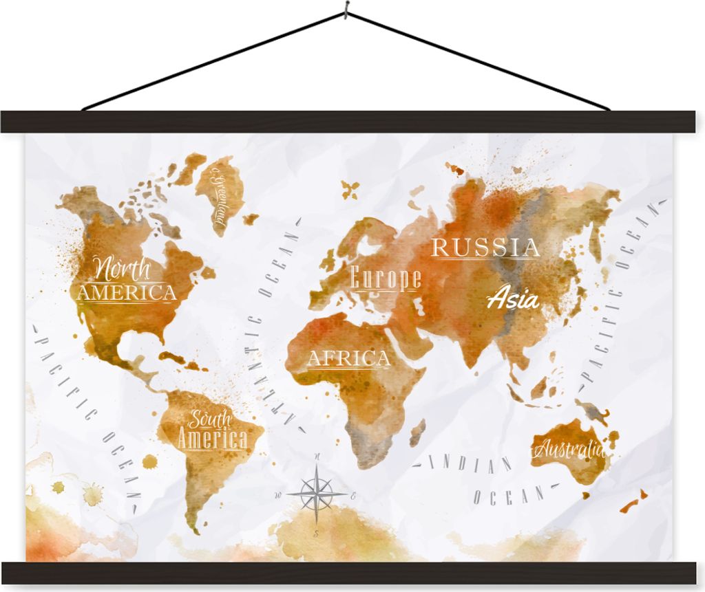 MuchoWow Textilposter Weltkarte - Braun - Farbe 90x60 cm mit schwarzem Rahmen - Aufhängungssatz