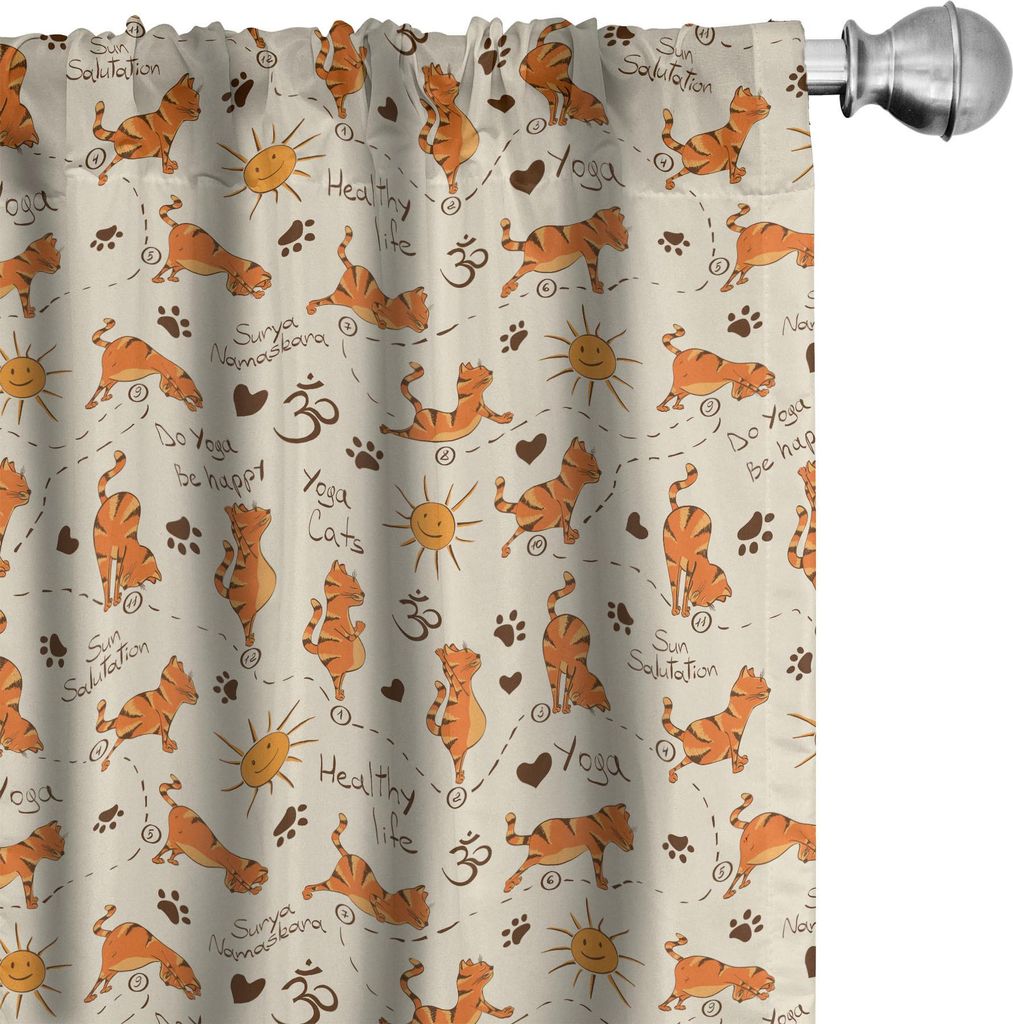 ABAKUHAUS Katze Vorhänge, Gardinen, Seien Sie Yoga glücklich Theme Orange Katzen in Positionen Lächeln Suns Paws Prints Herzen, 2 Stück 75 x 24...