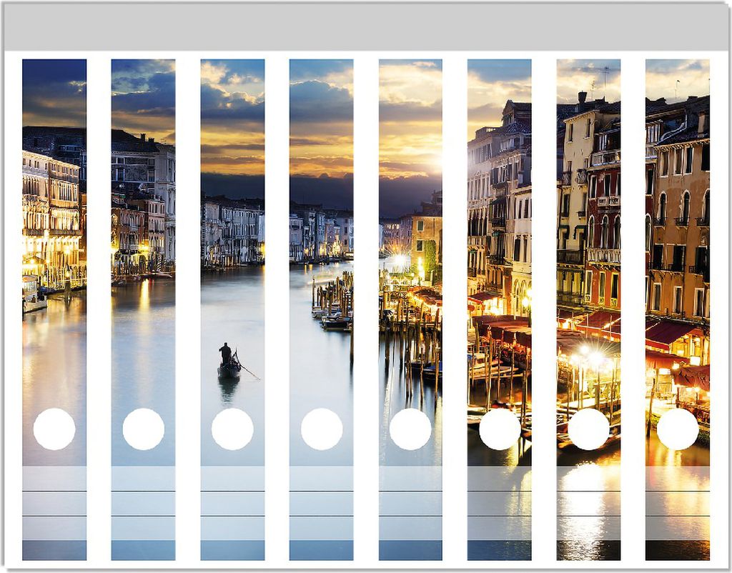 Wallario Ordnerrücken Sticker, selbstklebend für schmale Ordner, 8 Stück, Motiv Canal Grande in Venedig am Abend mit untergehender Sonne