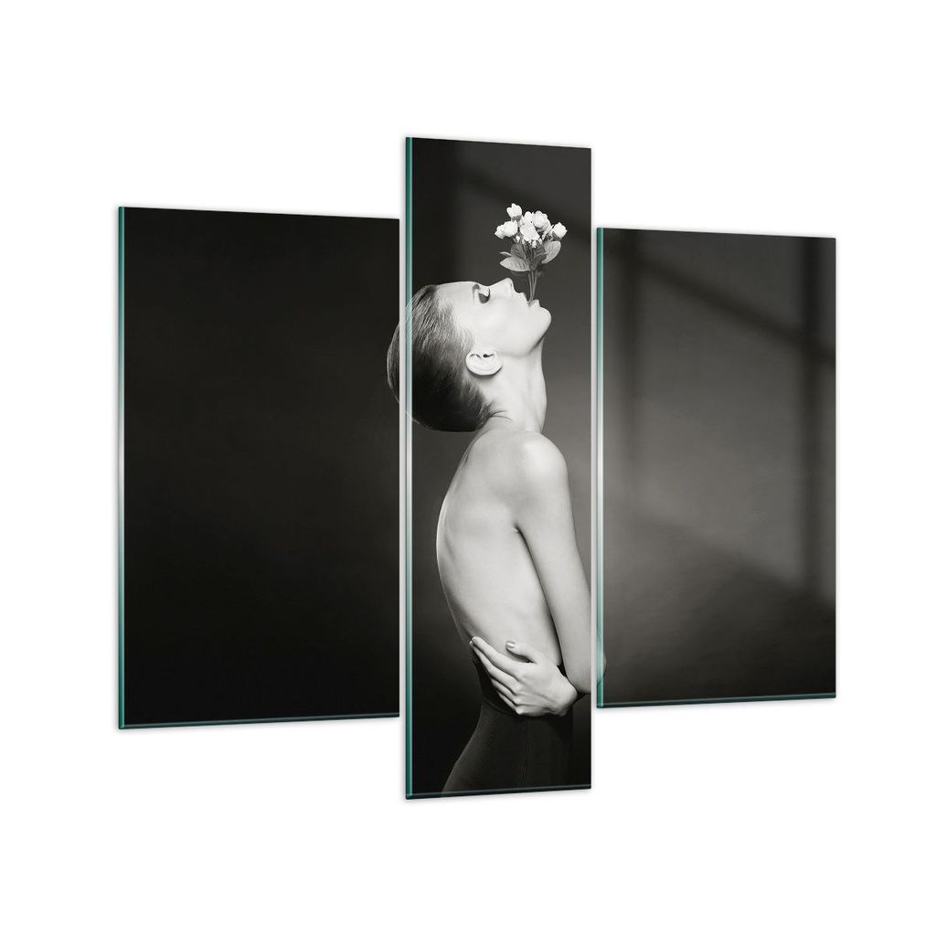 Bilder auf glas - 3 Teile - Nackt Frau Blumen - 95x80cm - Glasbilder - Wandbilder - Bilder - zum Aufhängen bereit - Wanddekoration aus Glas - Glas...