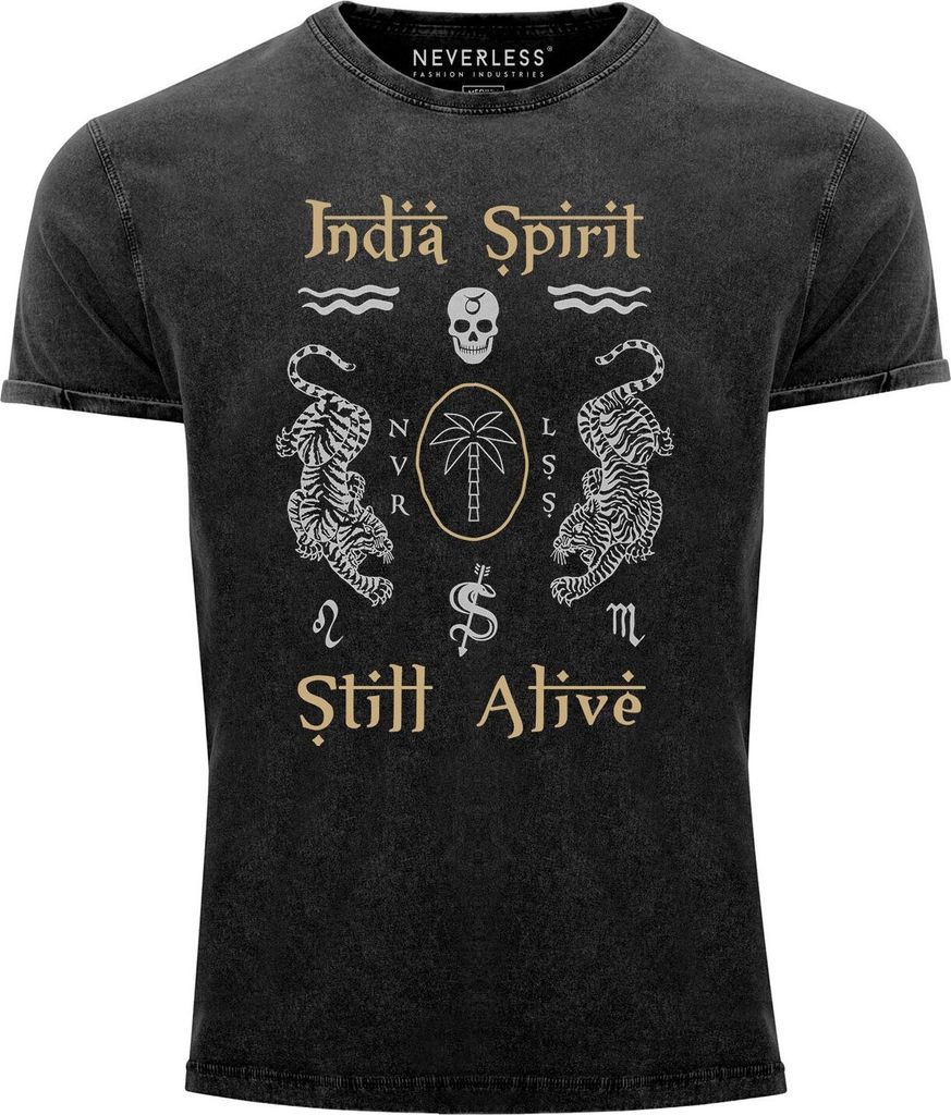 Neverless Herren T-Shirt Vintage Shirt Printshirt Tiger Motiv Totenkopf India Spirit Schriftzug Indien Fashion Streetstyle Aufdruck Used Look Sli...