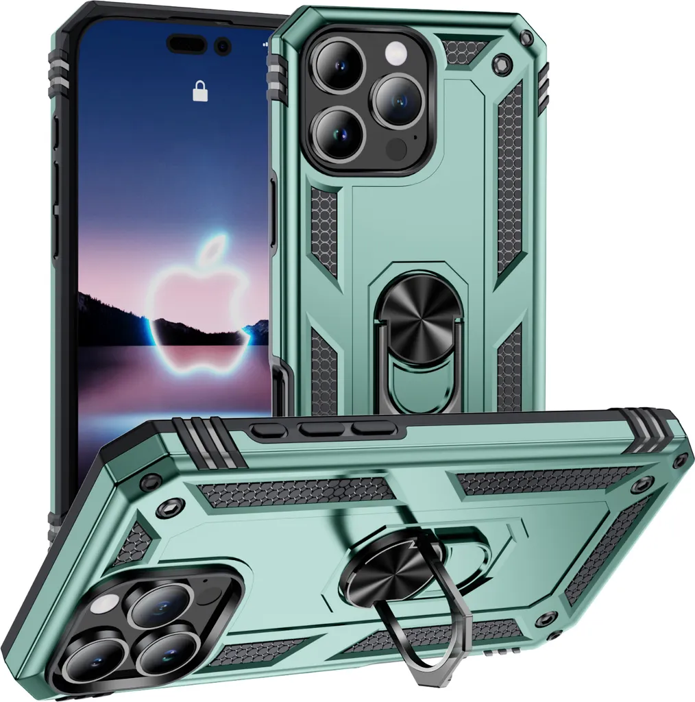 Custodia per iPhone 16 Pro a doppio strato robusta, protezione militare con supporto ad anello e supporto verde