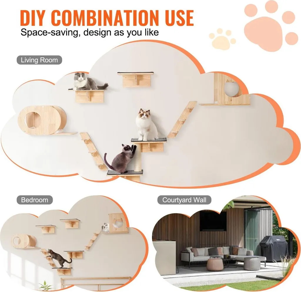 Arbre à chat mural avec plateformes de saut et hamac - Set de 7 pièces
