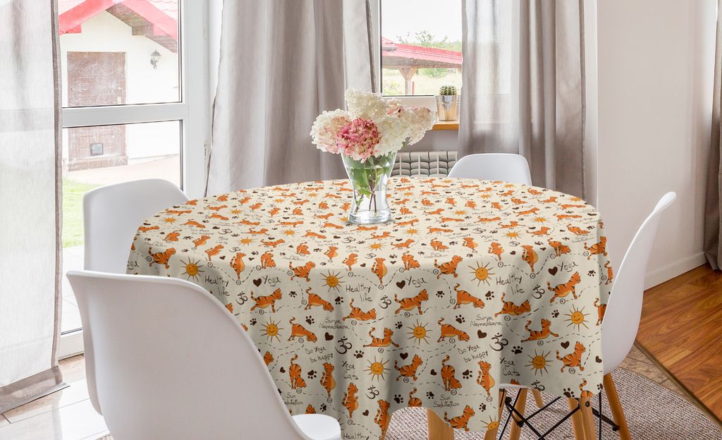 ABAKUHAUS Katze Runde Tischdecke, Kitties Doing Yoga Paws, Kreis Tischdecke Abdeckung für Esszimmer Küche Dekoration, 150 cm, Creme Orange Braun