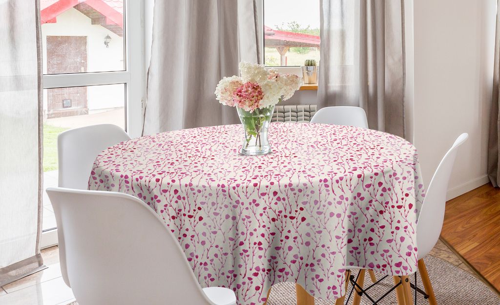 ABAKUHAUS Frühling Runde Tischdecke, Romantische Doodle Blumen-Kunst, Kreis Tischdecke Abdeckung für Esszimmer Küche Dekoration, 150 cm, Pink Ivory