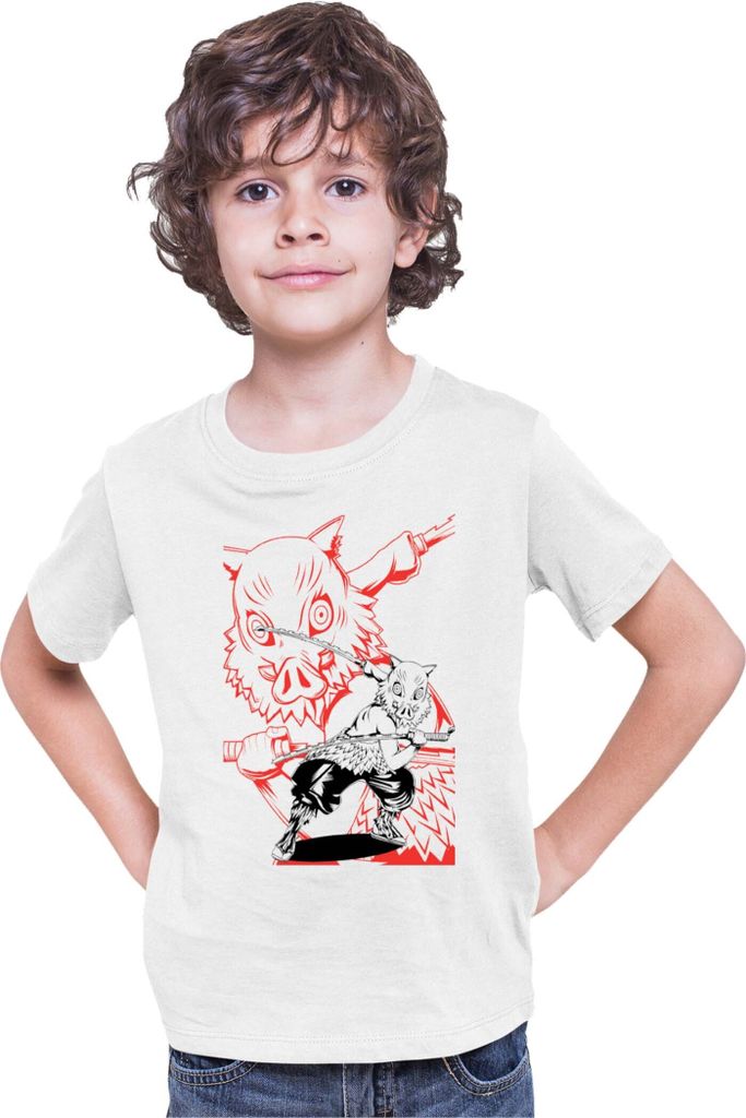 Kinder T-Shirt Demon Anime Slayer Kimetsu No Yaiba Inosuke Hashibara 006, 3-4 Jahr - 104 / Weiß