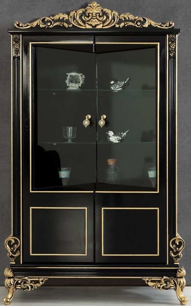 Casa Padrino Luxus Barock Wohnzimmer Vitrine Schwarz / Gold 130 x 55 x H. 210 cm - Prunkvoller Barock Vitrinenschrank mit 2 Glastüren - Edle Baroc...